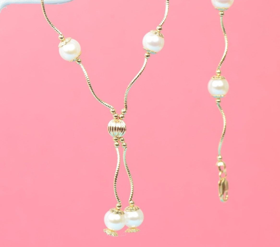 14k Yellow Gold Genuine White Pearls 3pcs Women Set:Necklace, Bracelet, Earrings