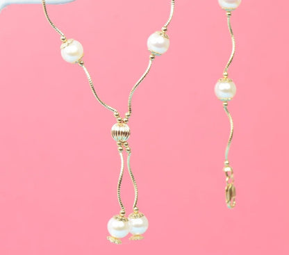 14k Yellow Gold Genuine White Pearls 3pcs Women Set:Necklace, Bracelet, Earrings