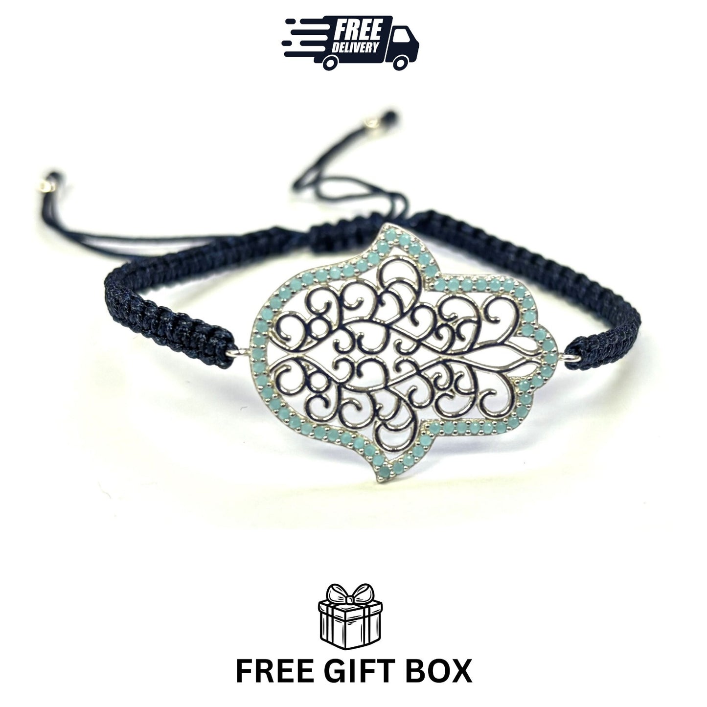 925 Sterling Silver  C Z Hamsa Bracelet 6" Adjustable to 11"