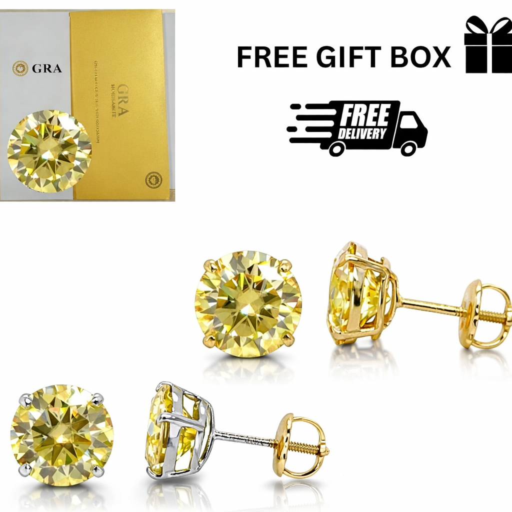 14K Gold GRA Certified D-VVS1 Lemon Yellow Moissanite Screw Back Studs Earrings