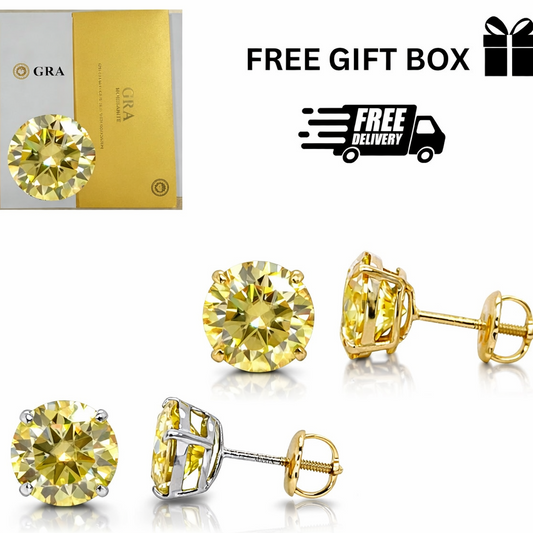 14K Gold GRA Certified D-VVS1 Lemon Yellow Moissanite Screw Back Studs Earrings