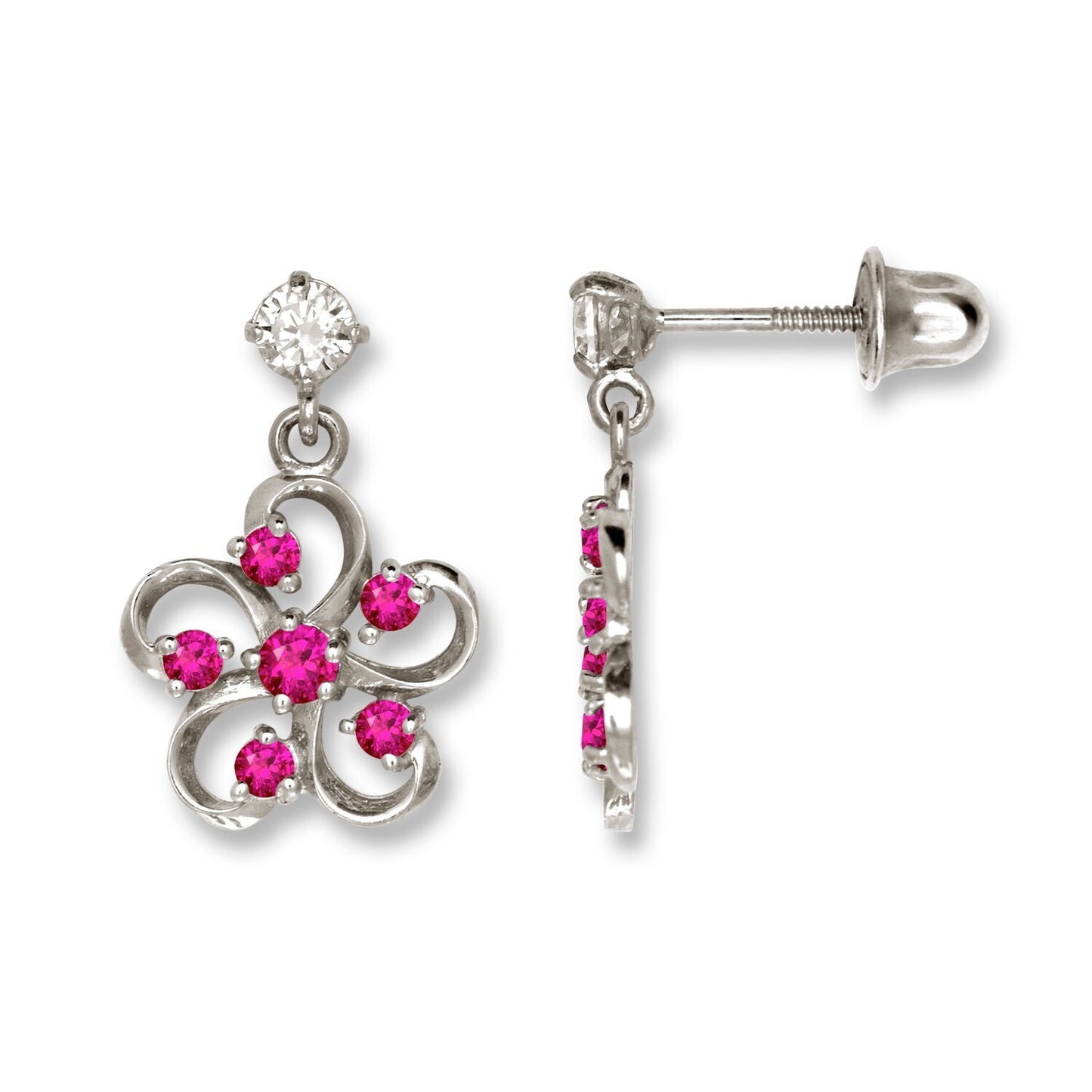 14K Yellow & White Gold Flower Screw Back Dangle Earrings for Women