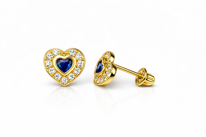14K Yellow Gold Birthstone Heart with CZ Stud Earrings Screw Back