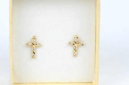 14K Yellow White Gold Cubic Zirconia CZ Cross Earrings