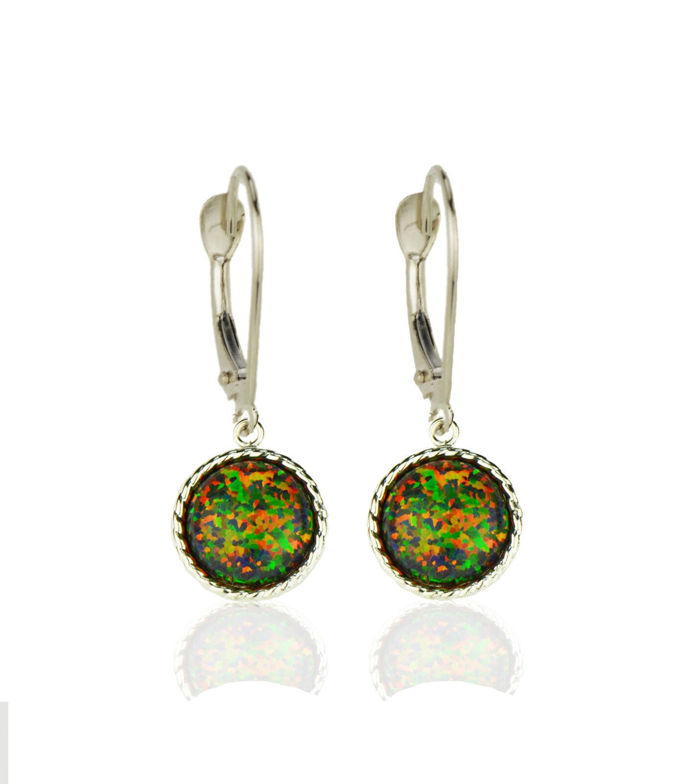 14k White Gold Opal Flat Dangle Leverback Earrings