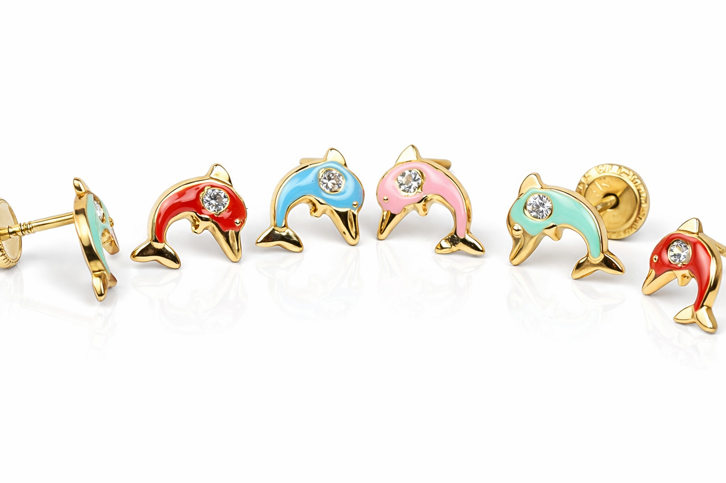 14k Yellow Gold Enamel and CZ Fish Baby earrings, Screw Back