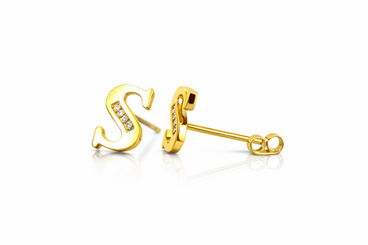 14k Yellow or White Gold Initial Letters CZ Stud Earrings