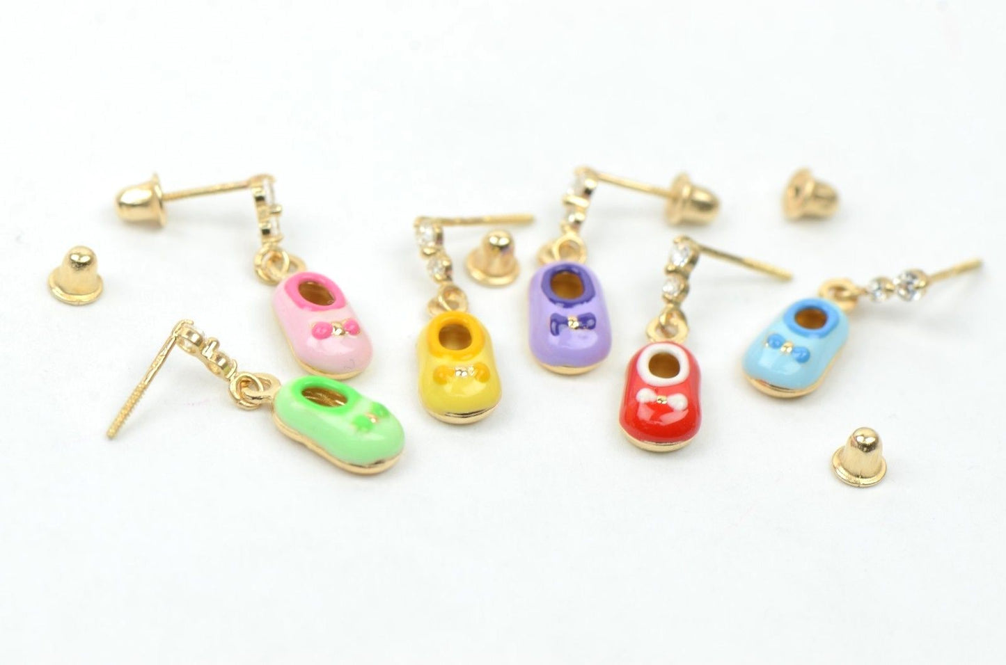 14K Solid Yellow Gold Baby Shoe Enamel Dangle Screw Back Earrings