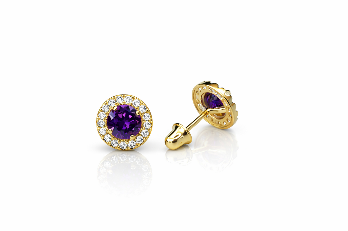14K Yellow Gold Halo Stud Screw Back Earrings