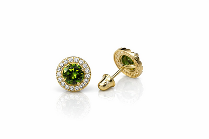 14K Yellow Gold Halo Stud Screw Back Earrings