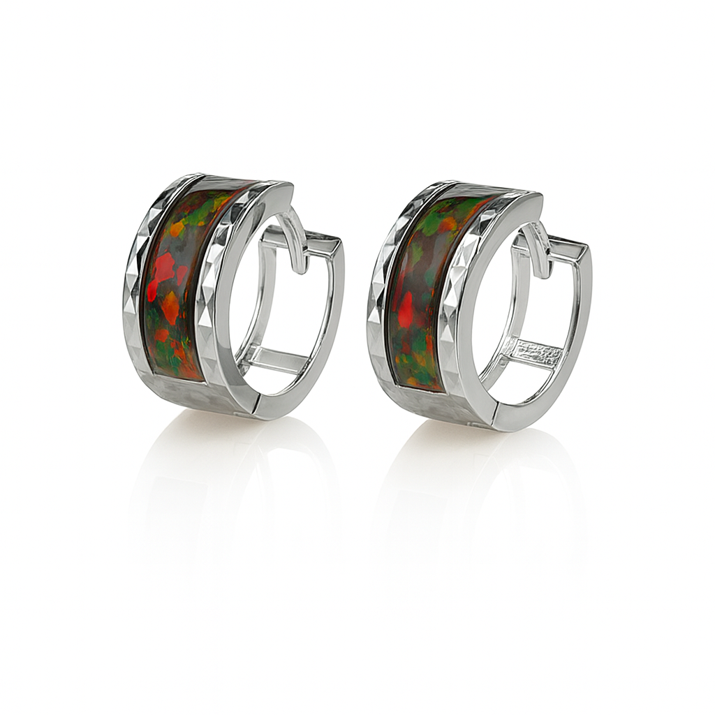 14k White Gold Black Opal Huggie Hoop Earrings
