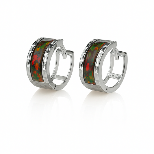 14k White Gold Black Opal Huggie Hoop Earrings