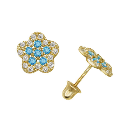 14k Yellow or White Gold CZ Flower Birthstone Stud Screw Back Earrings