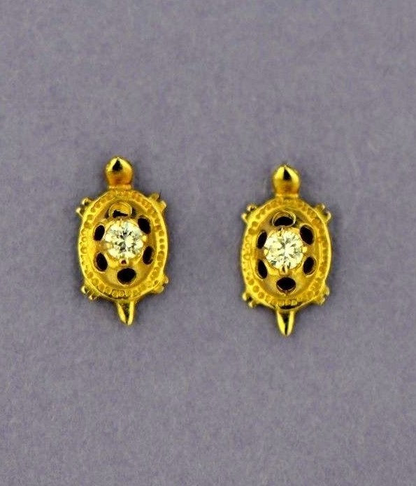 14k Yellow Gold Turtle CZ Stud Earrings Screw Back