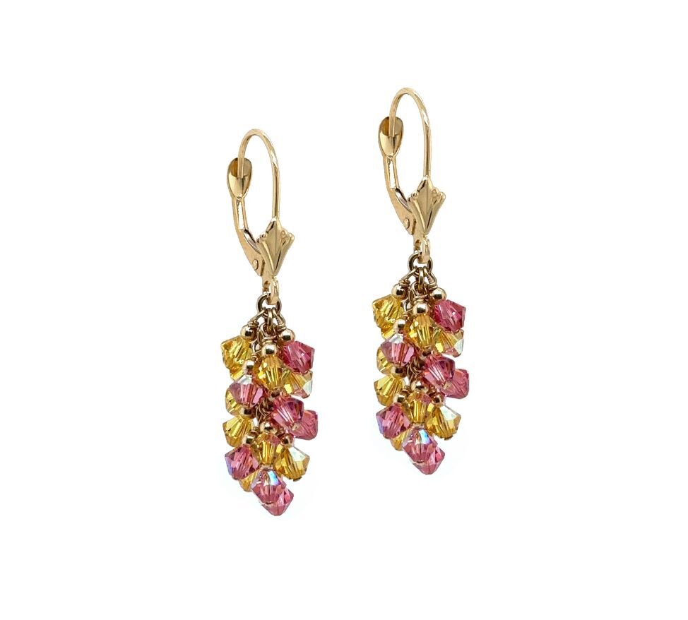 14k Yellow Gold Dangle Grape Leverback Earrings Made with Crystal from Swarovski