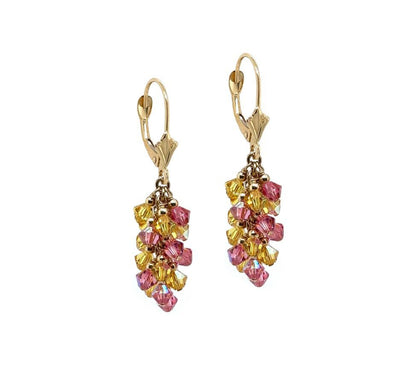 14k Yellow Gold Dangle Grape Leverback Earrings Made with Crystal from Swarovski