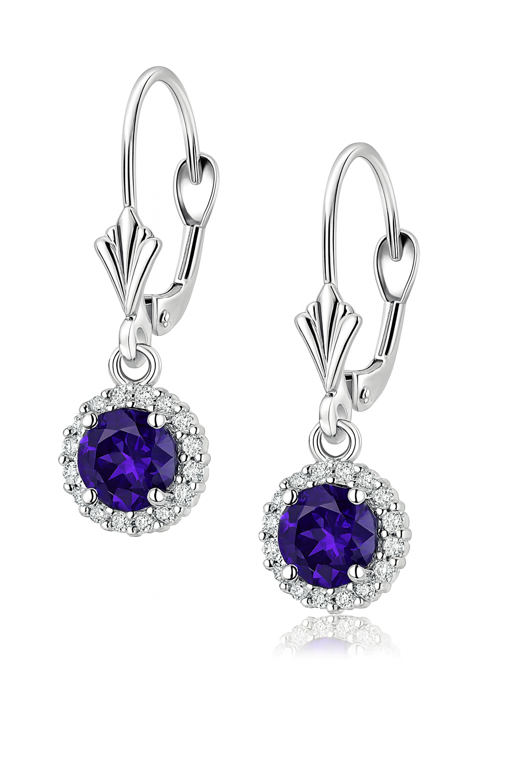 14k White Gold Halo Dangle Round Leverback Pierced Earrings Birthstone
