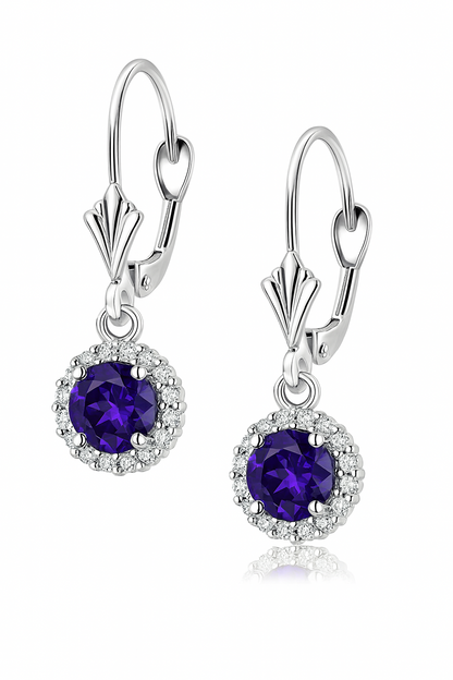 14k White Gold Halo Dangle Round Leverback Pierced Earrings Birthstone