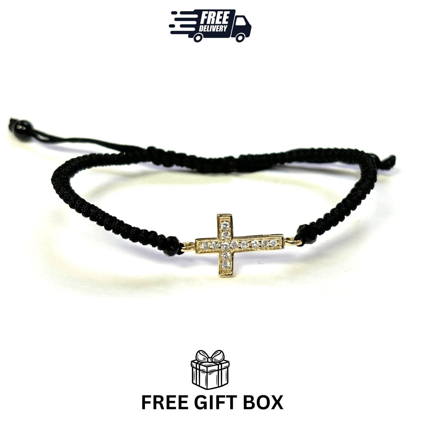 925 Sterling Silver String CZ Bracelet Cross 6" Adjustable to 11"