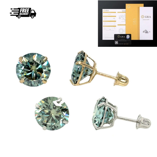 14K Gold GRA Certified D-VVS1 Round Green Moissanite Screw Back Studs Earrings