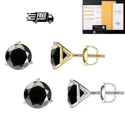 14K Gold GRA CertifiedD-VVS1 Black Moissanite Martini ScrewBack Stud Earrings