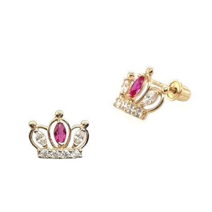 14K Solid Yellow Gold Crown Screw Back CZ Stud Earrings