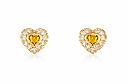 14k Solid Yellow Gold Halo Heart Stud Earrings