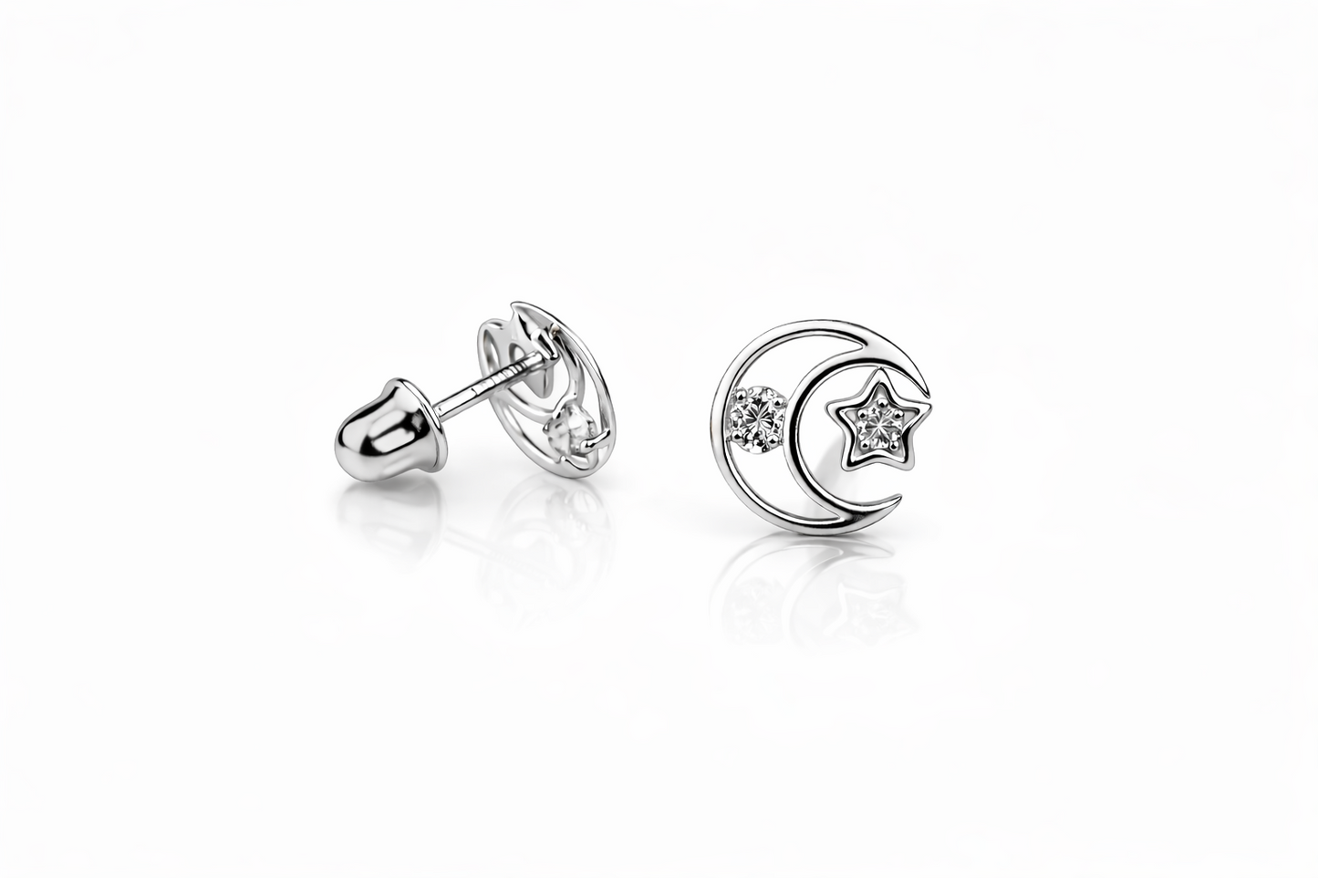 14k Yellow or White Gold Moon and Star CZ Stud Earrings