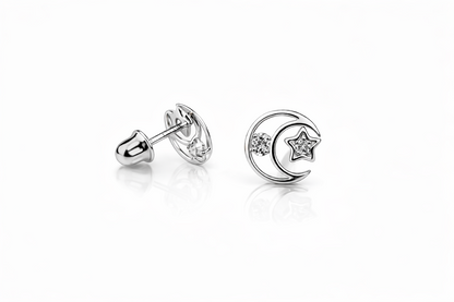 14k Yellow or White Gold Moon and Star CZ Stud Earrings