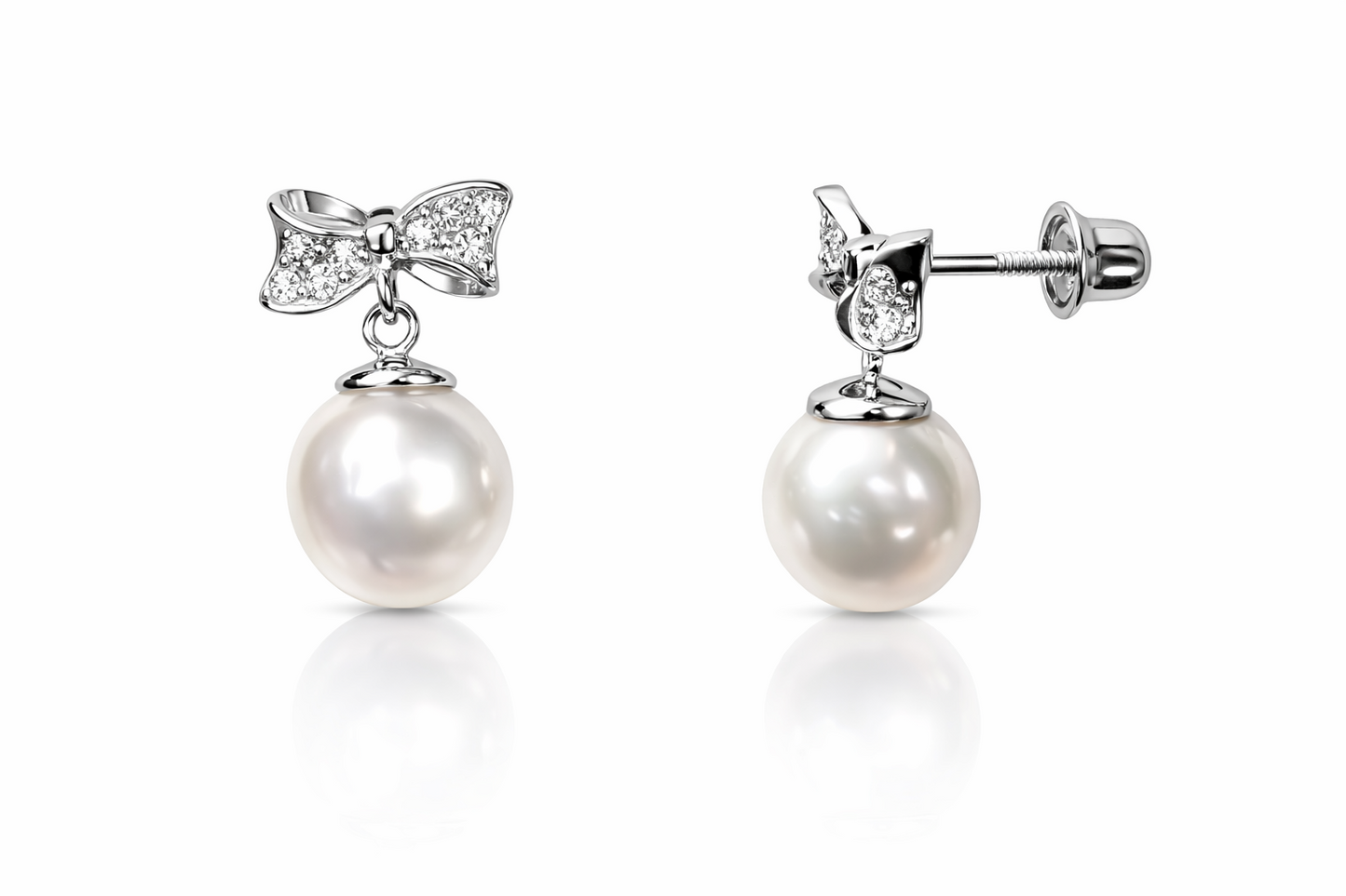14k yellow white gold bow tie pearl cz stud earring freshwater