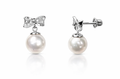 14k yellow white gold bow tie pearl cz stud earring freshwater