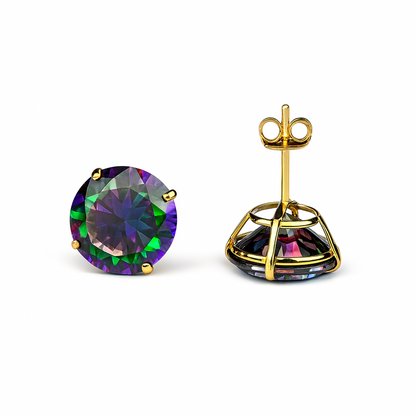 14k Yellow Gold Push Back Earrings with Mystic Topaz Round Cut CZ Stones