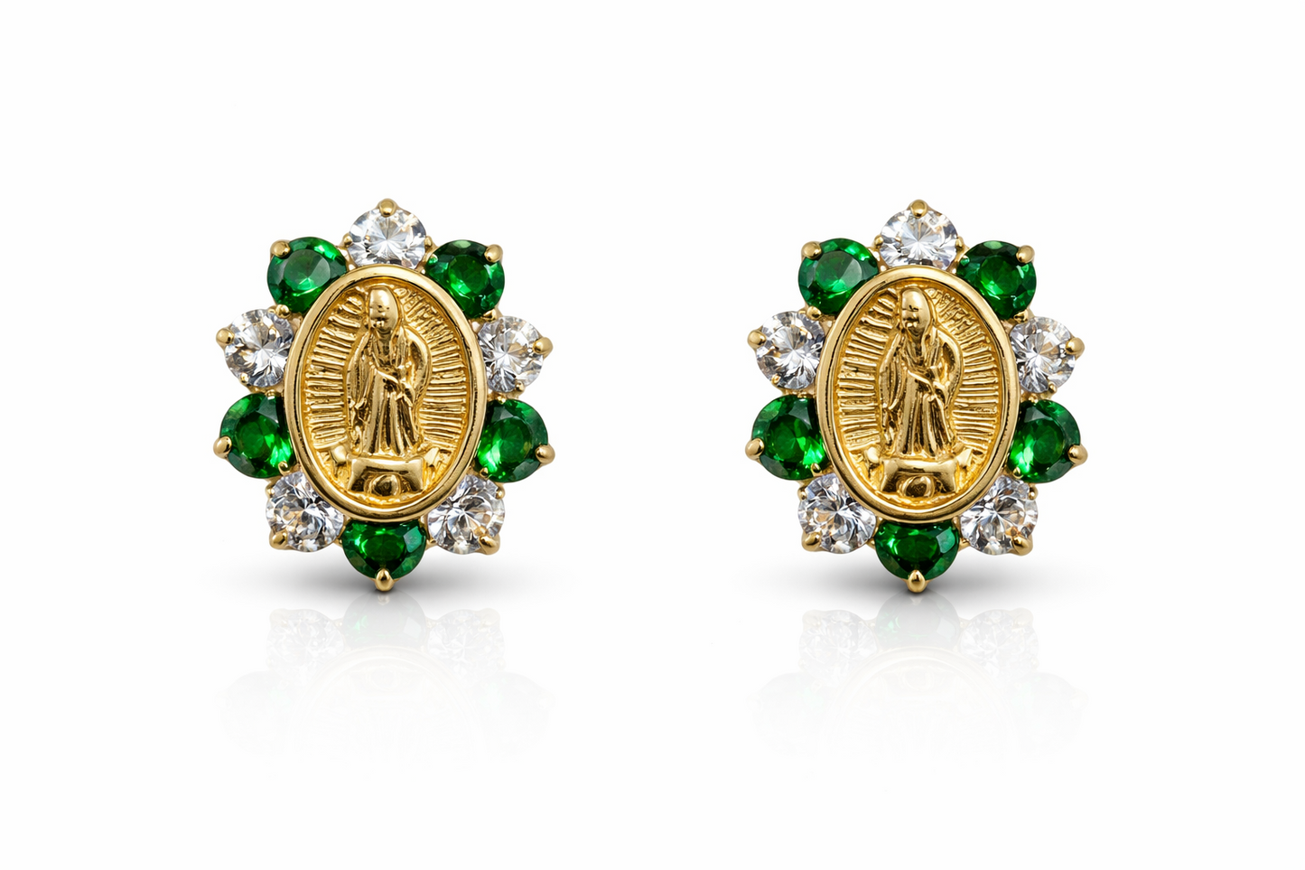 Solid 14K Yellow Gold Guadalupe Virgin Mary Screw Back CZ Stud Earrings