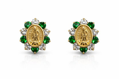 Solid 14K Yellow Gold Guadalupe Virgin Mary Screw Back CZ Stud Earrings
