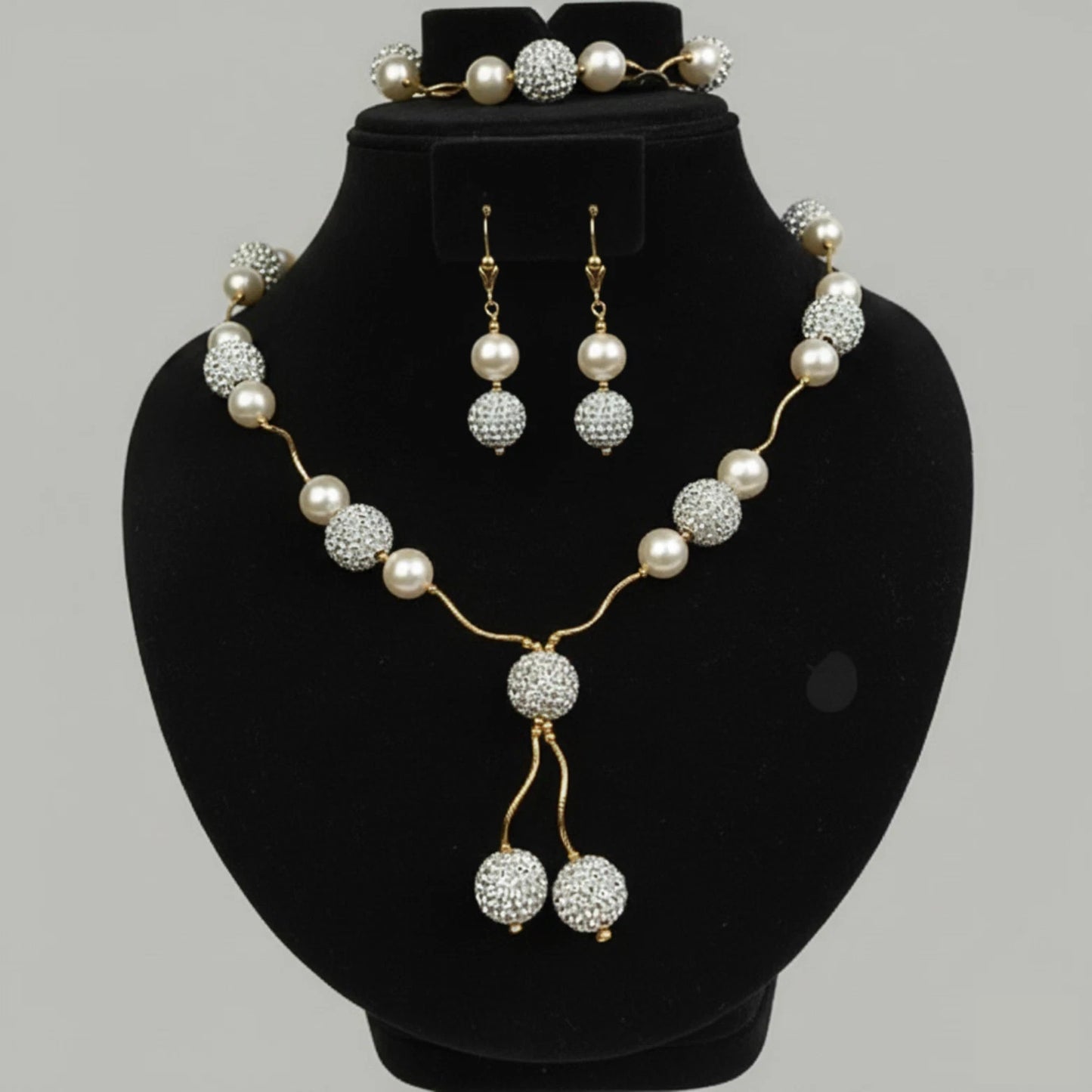 14K Yellow Gold Elegant Genuine White Pearl Necklace Set for Women