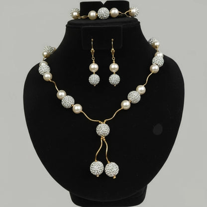 14K Yellow Gold Elegant Genuine White Pearl Necklace Set for Women
