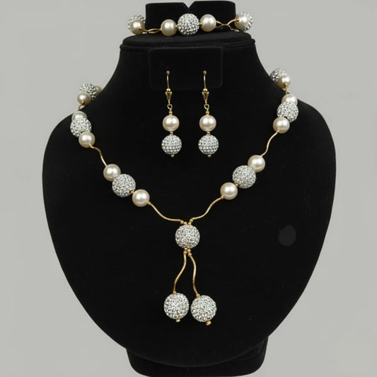 14K Yellow Gold Elegant Genuine White Pearl Necklace Set for Women