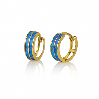 14k Yellow Gold Double Row Dark Blue Opal Huggie Hoop Earrings