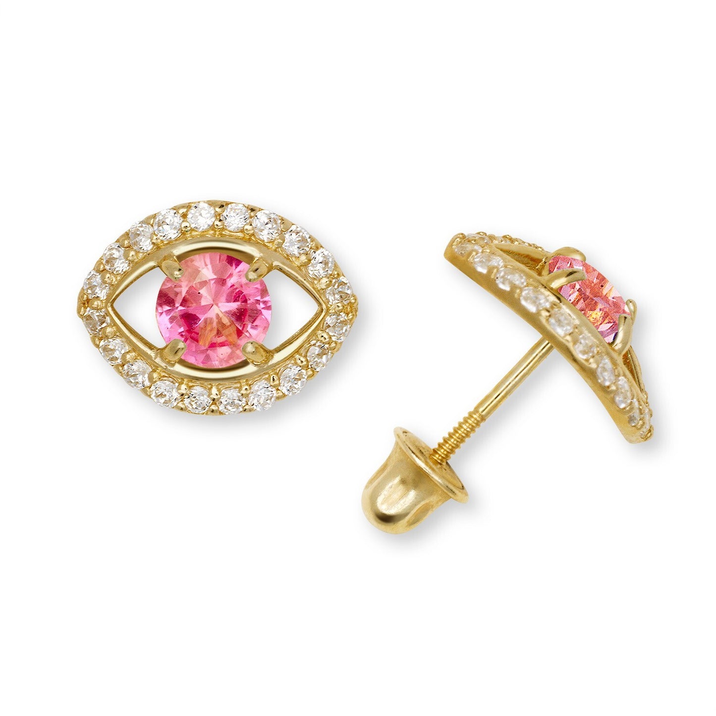 14K Yellow & White Gold CZ Evil Eye Stud Fashion Earrings for Women