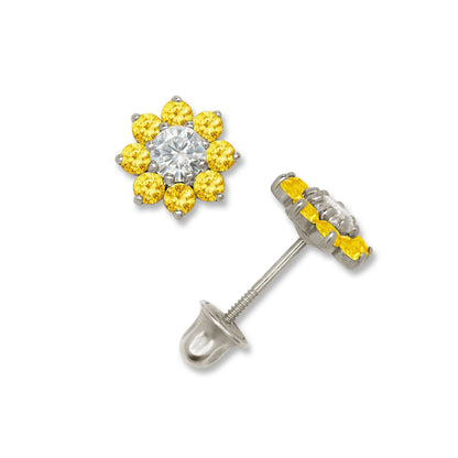 14K Yellow & White Gold Small Beautiful CZ Flower Stud Earrings for  Girls