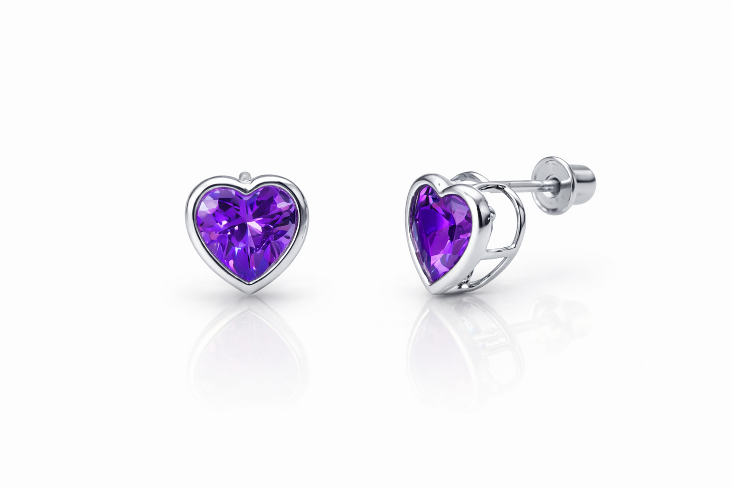 14K Solid White Gold Heart Birthstone Stud Earrings 6MM X 6MM