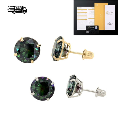 14K Gold GRA Certified D-VVS1 Rainbow Green Moissanite Screw Back Studs Earrings