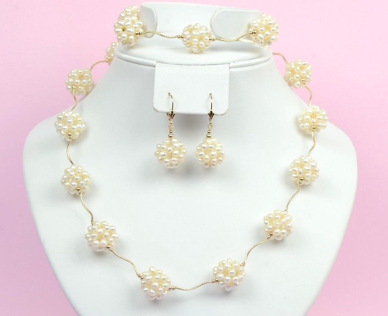 14k Yellow Gold Genuine dyed Pearl Jewelry set (necklace,bracelet,earrings)