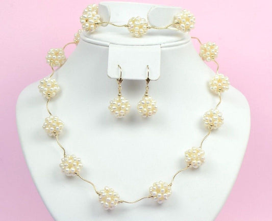 14k Yellow Gold Genuine dyed Pearl Jewelry set (necklace,bracelet,earrings)