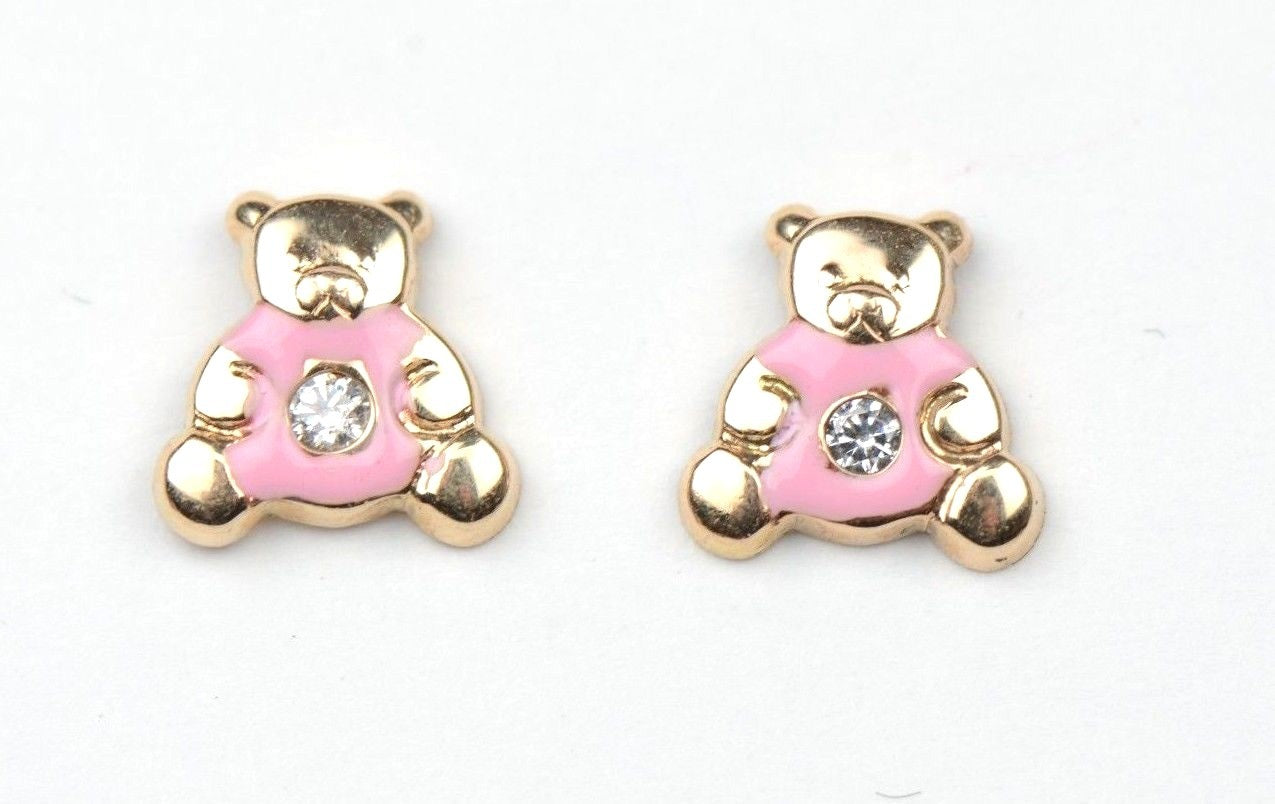 14k Yellow Gold Baby Enamel CZ Teddy Bear earrings, Screw Back