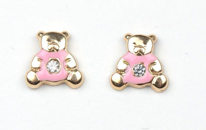 14k Yellow Gold Baby Enamel CZ Teddy Bear earrings, Screw Back