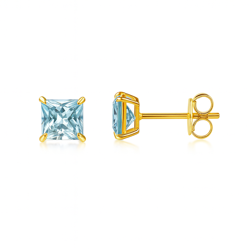 14k Yellow Gold Solid Square Princess Cut Birthstone 4MM CZ Stud Earrings