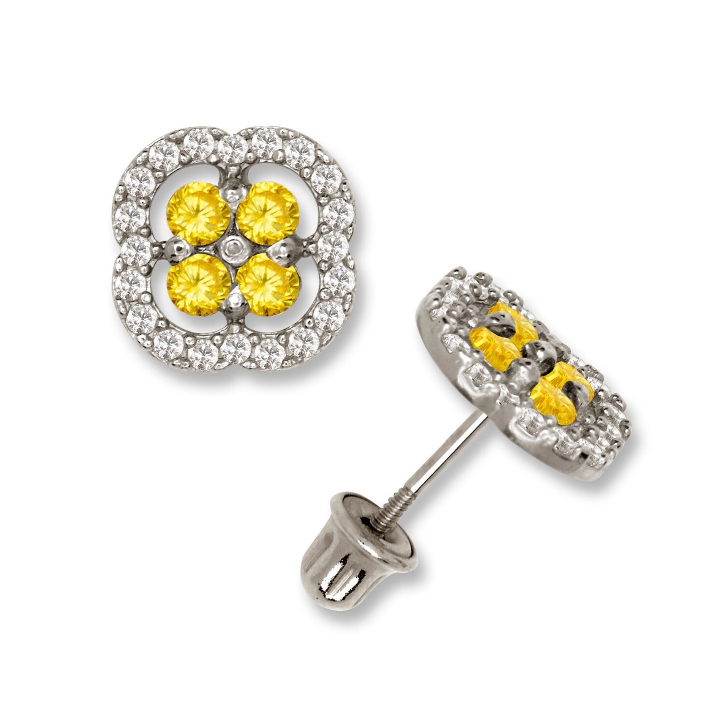 14K Yellow & White Gold CZ Squared Screw Back Stud Earrings for Women