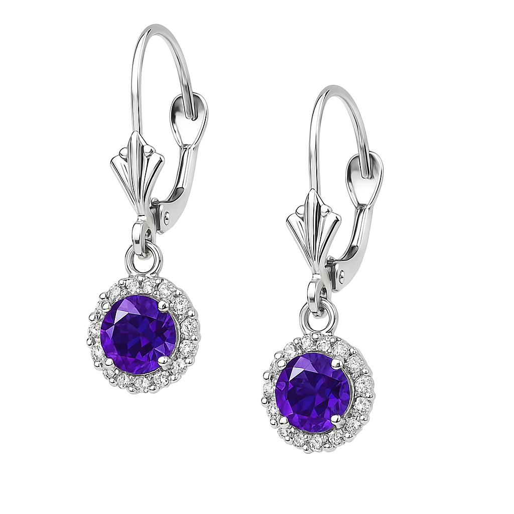 14k White Gold Halo Dangle Round Leverback Pierced Earrings Birthstone