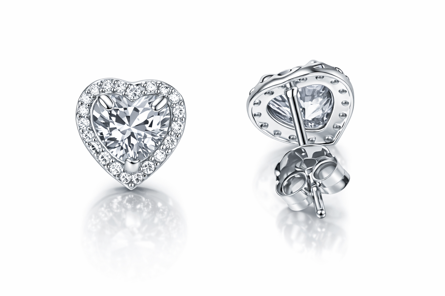 14k Solid White Gold Halo Heart Stud Earrings